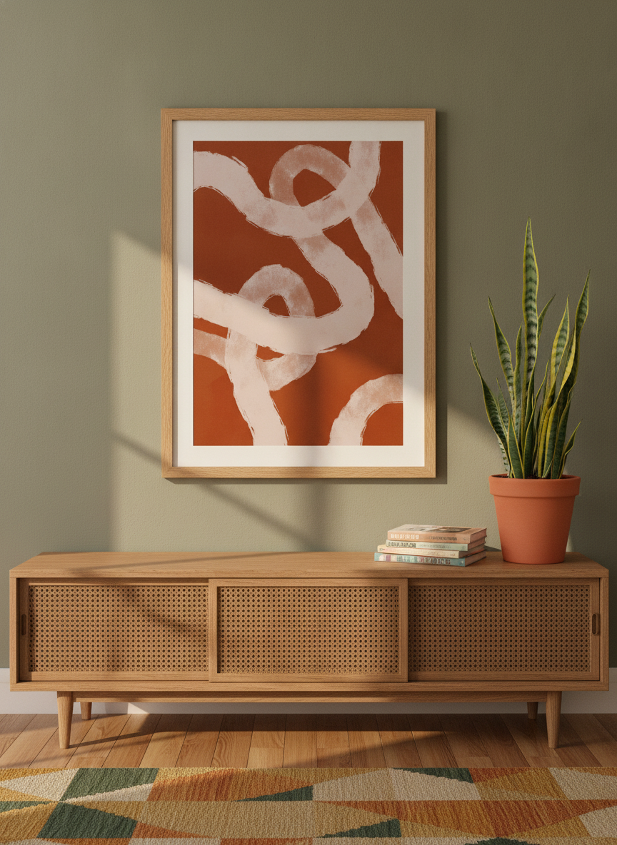 Modern wall art print styled on the wall in a mid-century living room