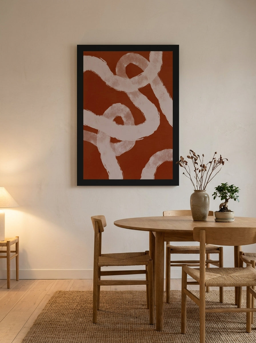Modern wall art print styled on the wall in a warm Japandi dining room