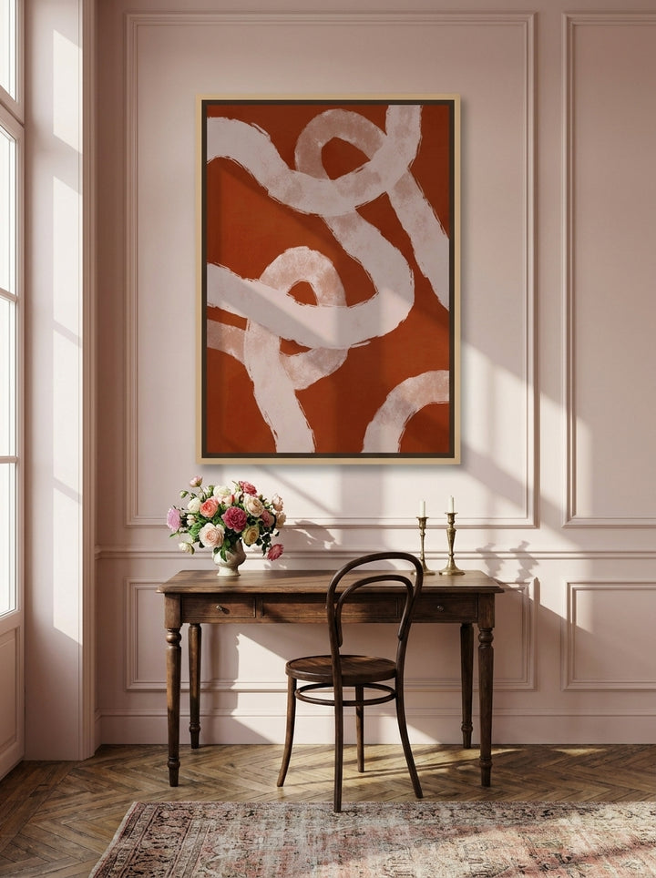 Canvas wall art with a natural timber surround styled on the wall in a Parisian home office