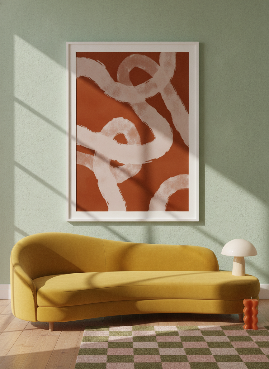 Oversized statement modern wall art print styled on the wall in a colourful eclectic living room