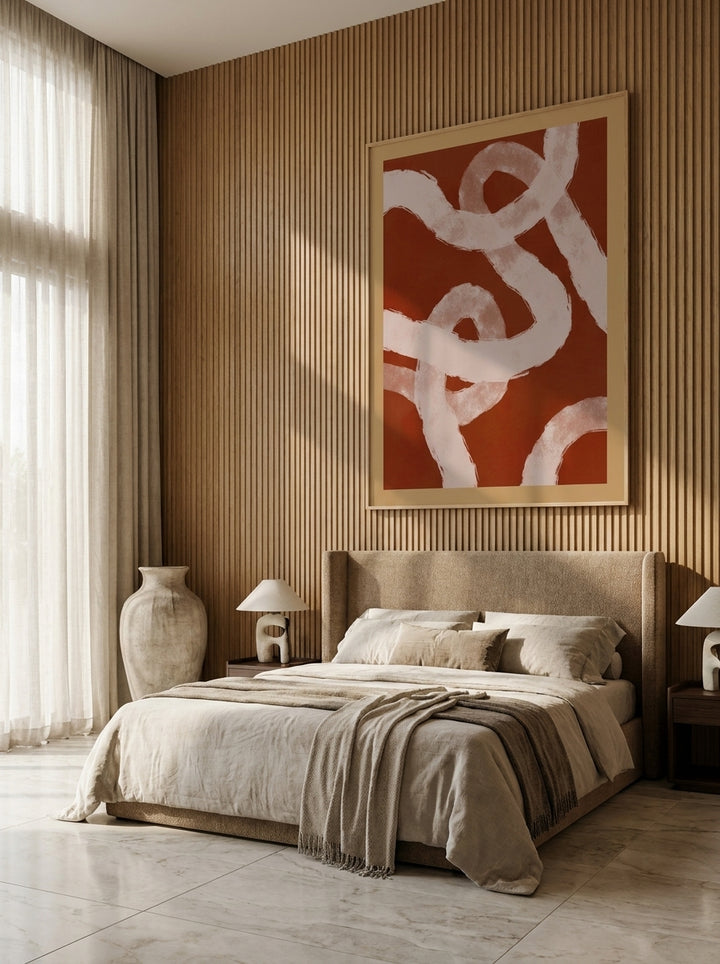 Oversized statement modern wall art print styled on the wall in a luxe bedroom