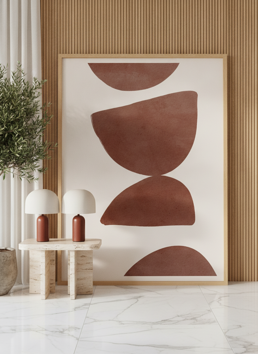 Oversized statement modern wall art print leaning against the wall in a luxe living room