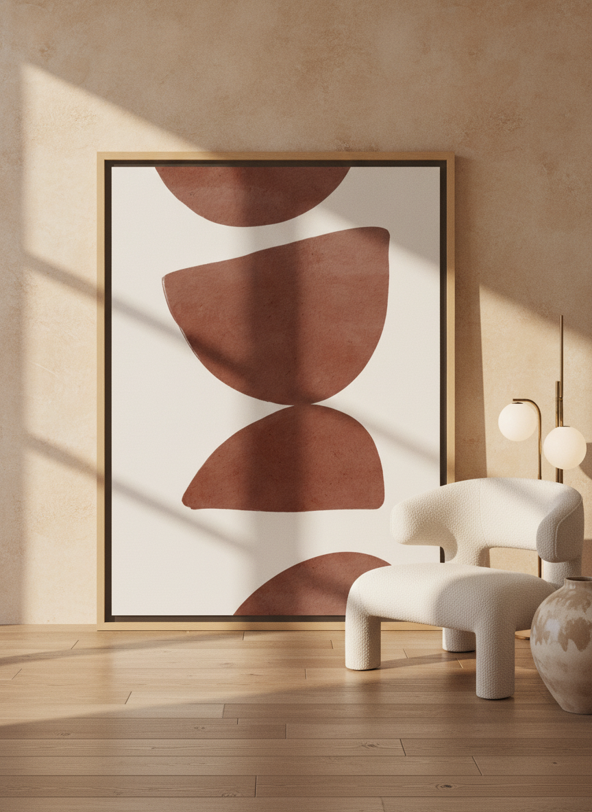 Oversized statement canvas wall art with a natural timber surround leaning against the wall in a luxe bedroom