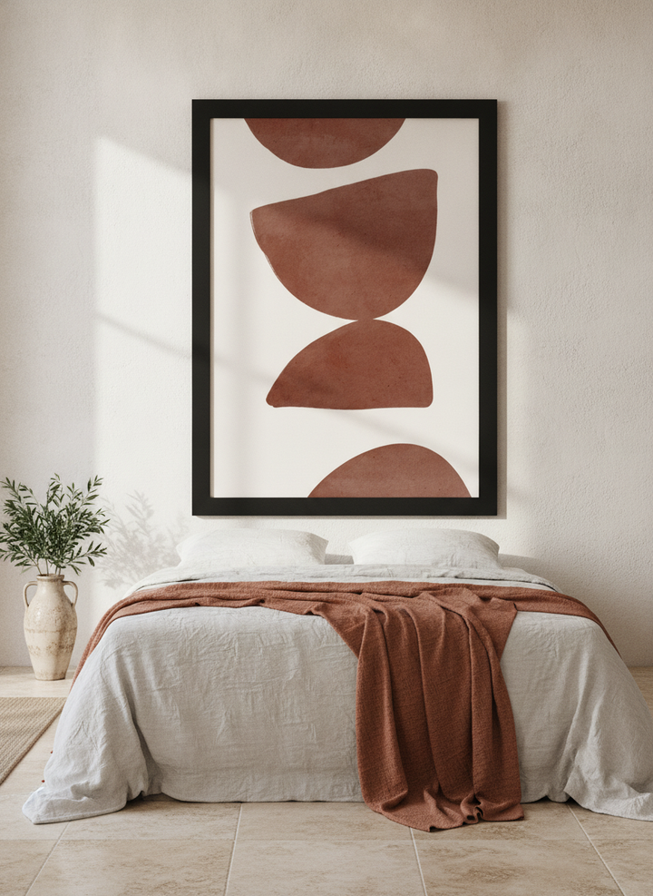 Oversized statement modern wall art print styled on the wall in a Mediterranean bedroom