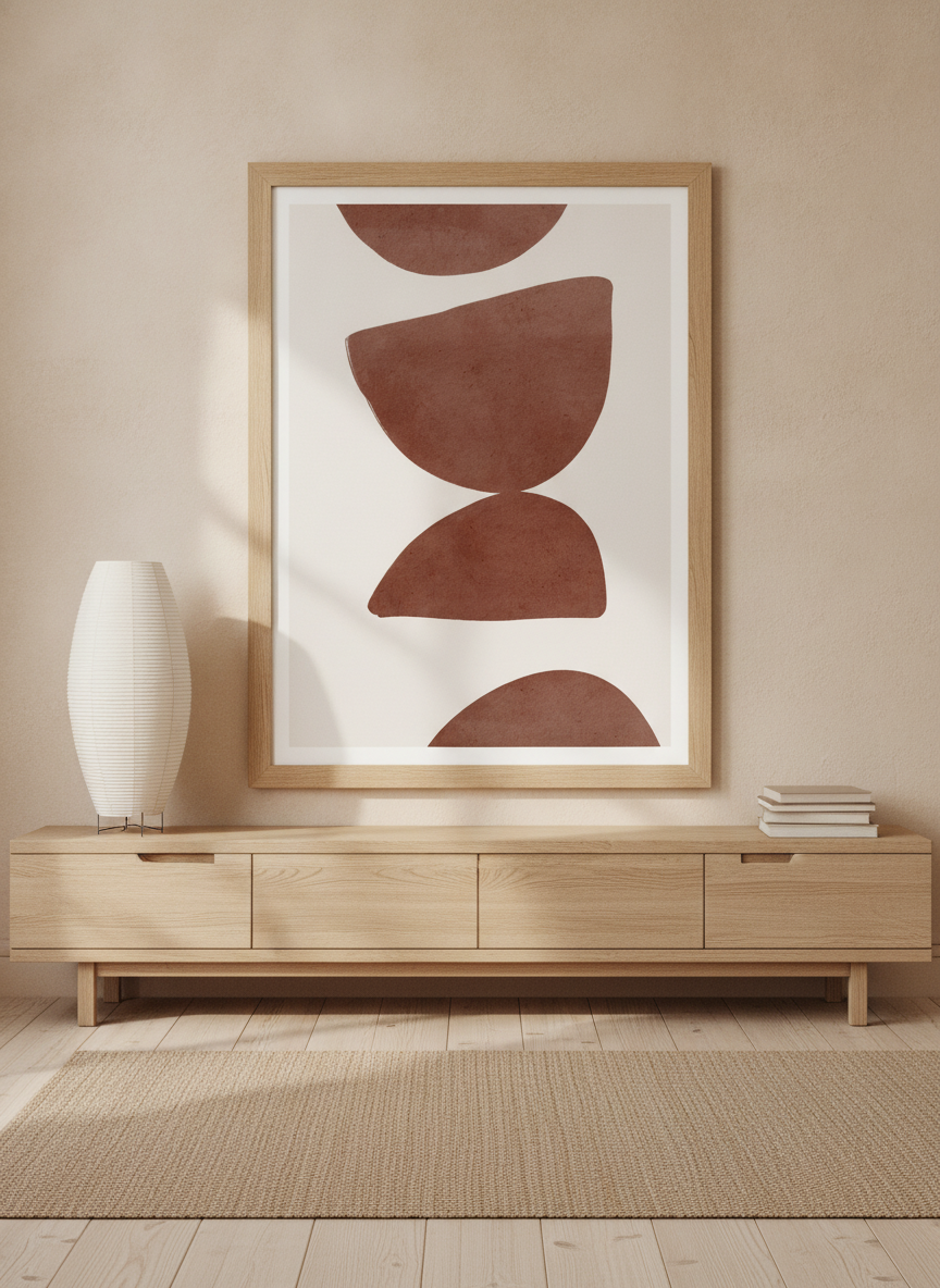 Modern wall art print styled on the wall in a warm Japandi living room