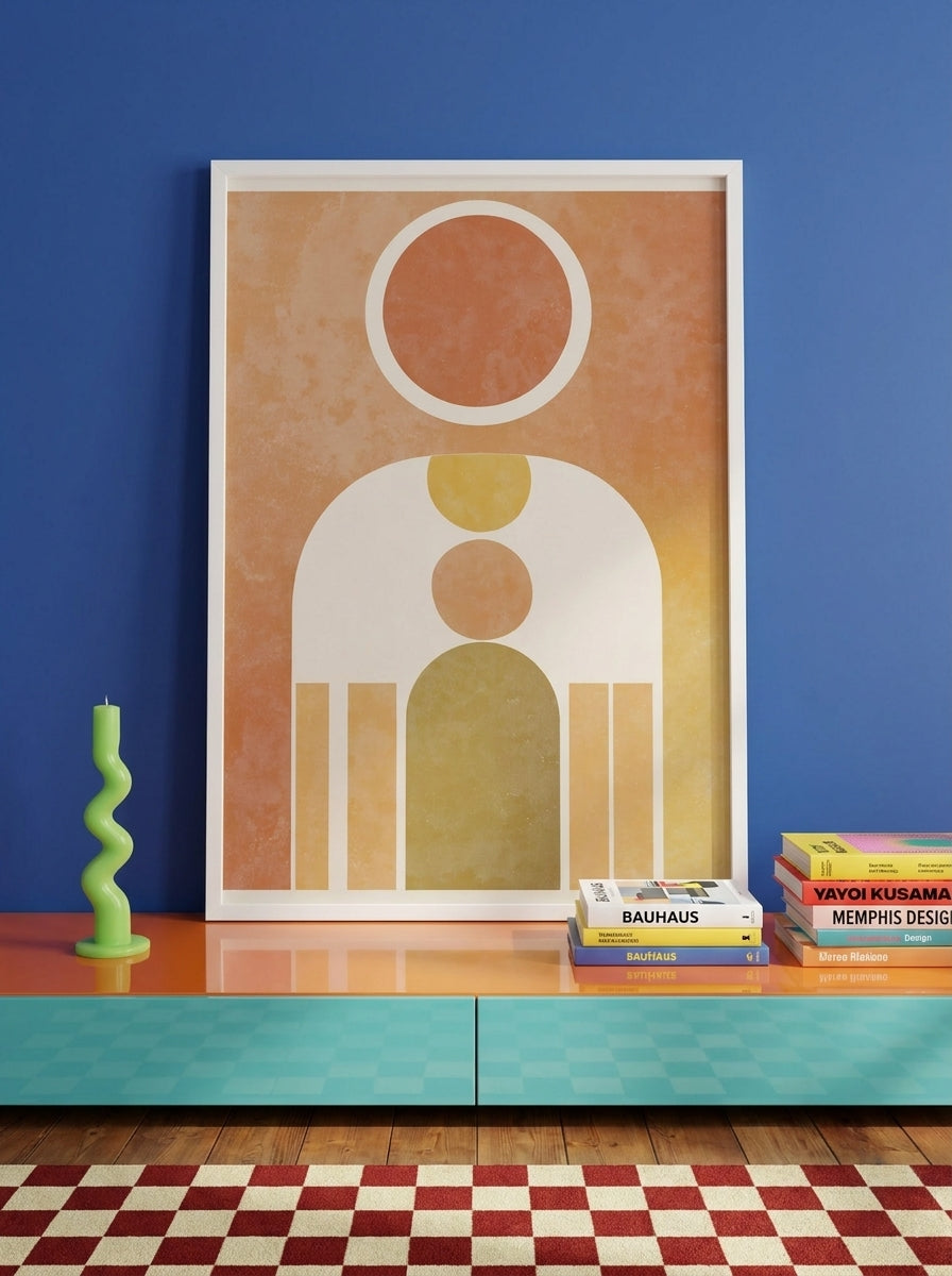 Modern wall art print standing on a sideboard in a colourful eclectic bedroom