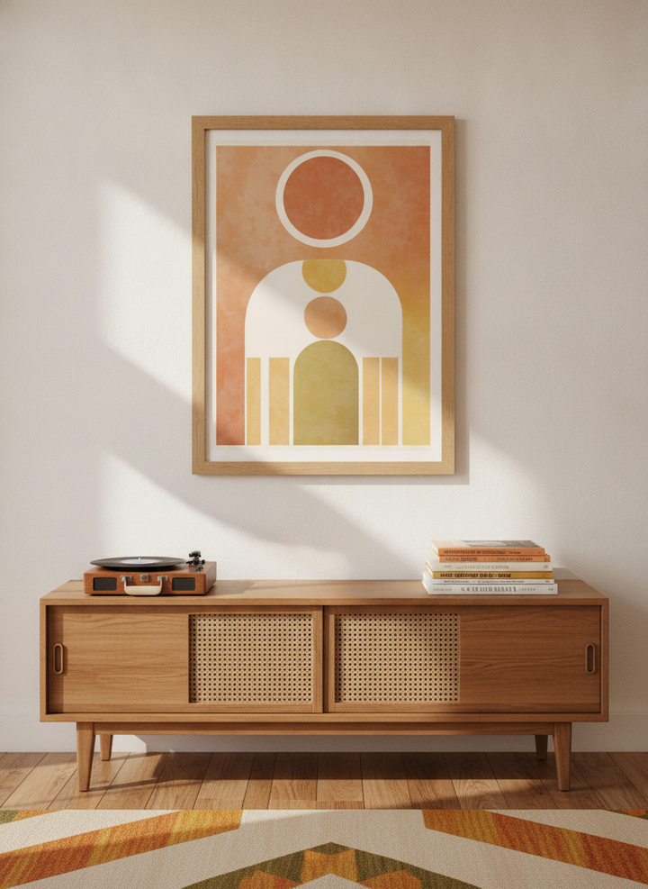 Modern wall art print styled on the wall in a mid-century living room