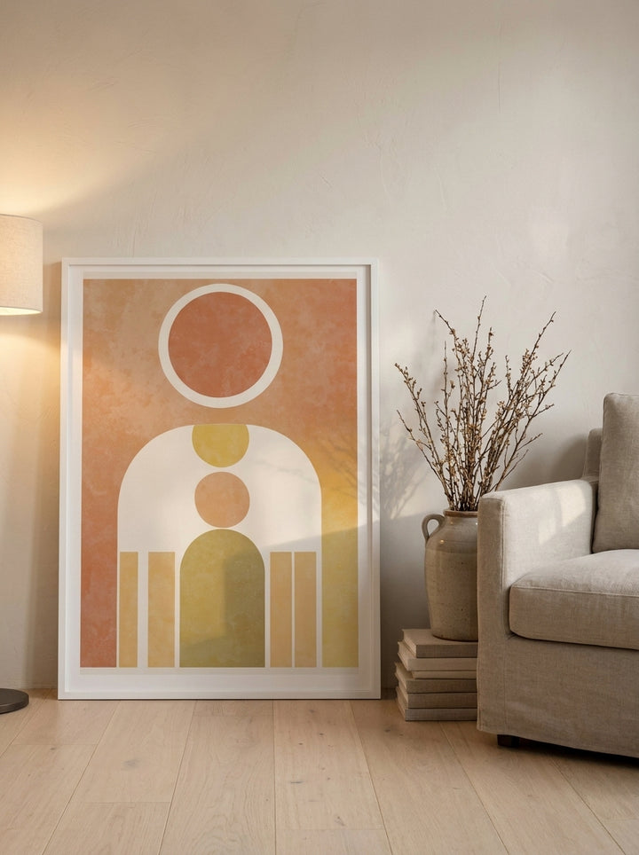 Modern wall art print leaning against the wall in a warm Japandi home office