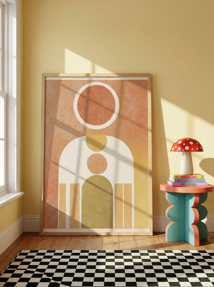 Oversized statement modern wall art print leaning against the wall in a colourful eclectic dining room