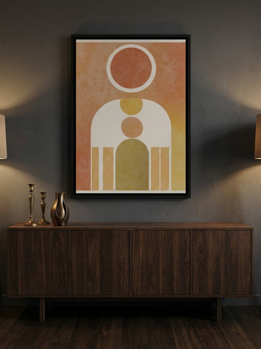 Canvas wall art with a black surround styled on the wall in a moody living room