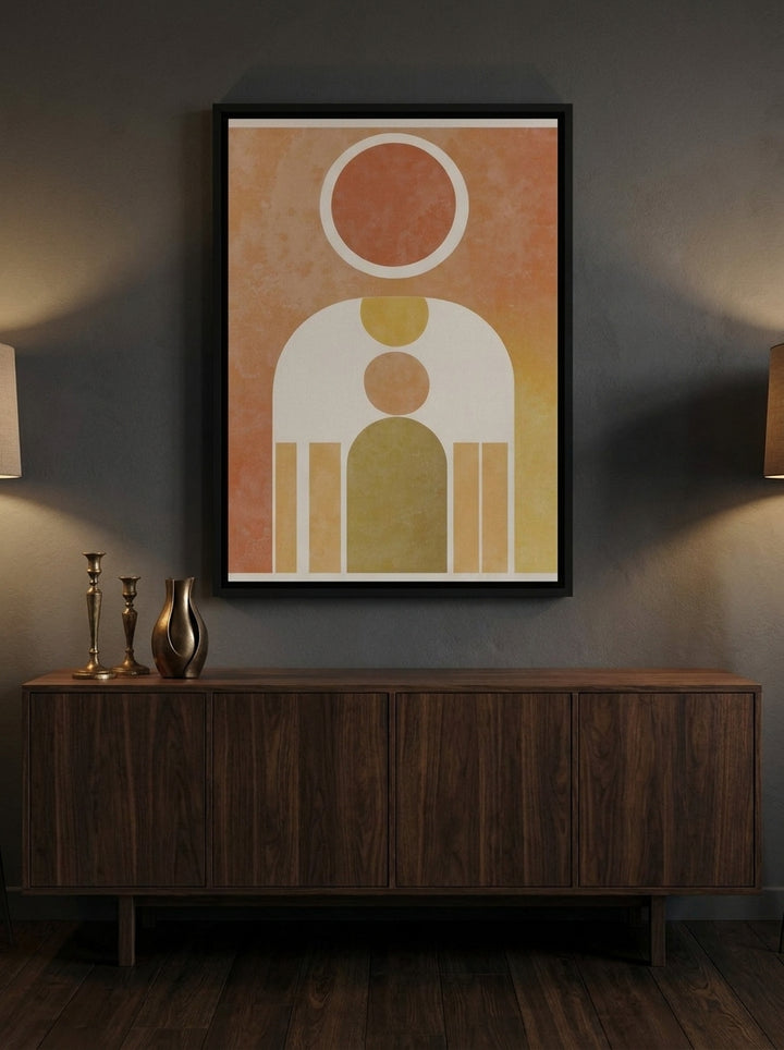 Canvas wall art with a black surround styled on the wall in a moody living room