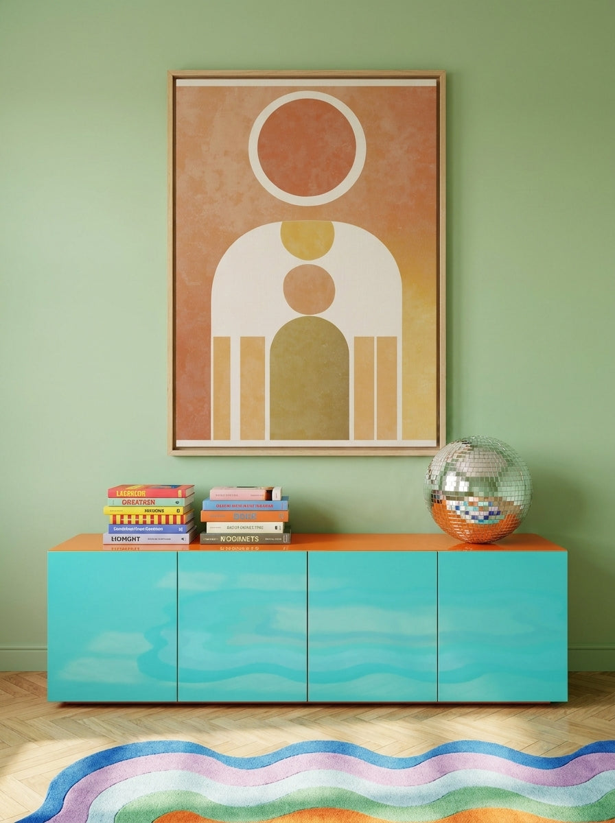 Oversized statement canvas wall art with a natural timber surround styled on the wall in a colourful eclectic living room