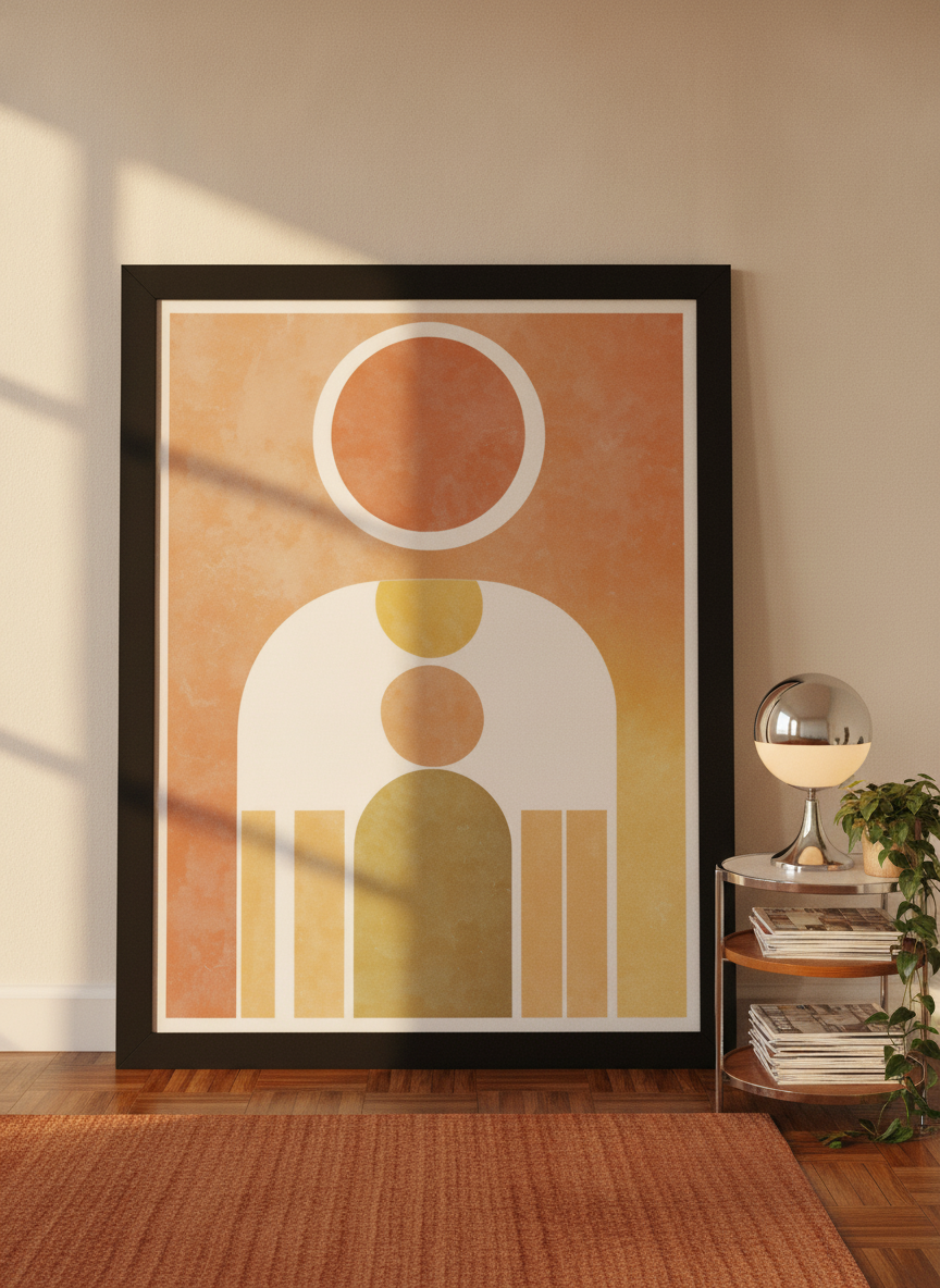 Oversized statement modern wall art print leaning against the wall in a retro 70s home office
