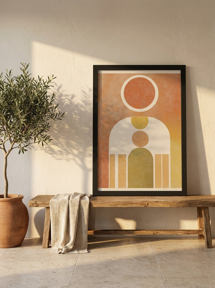 Modern wall art print standing on a bench in a Mediterranean living room