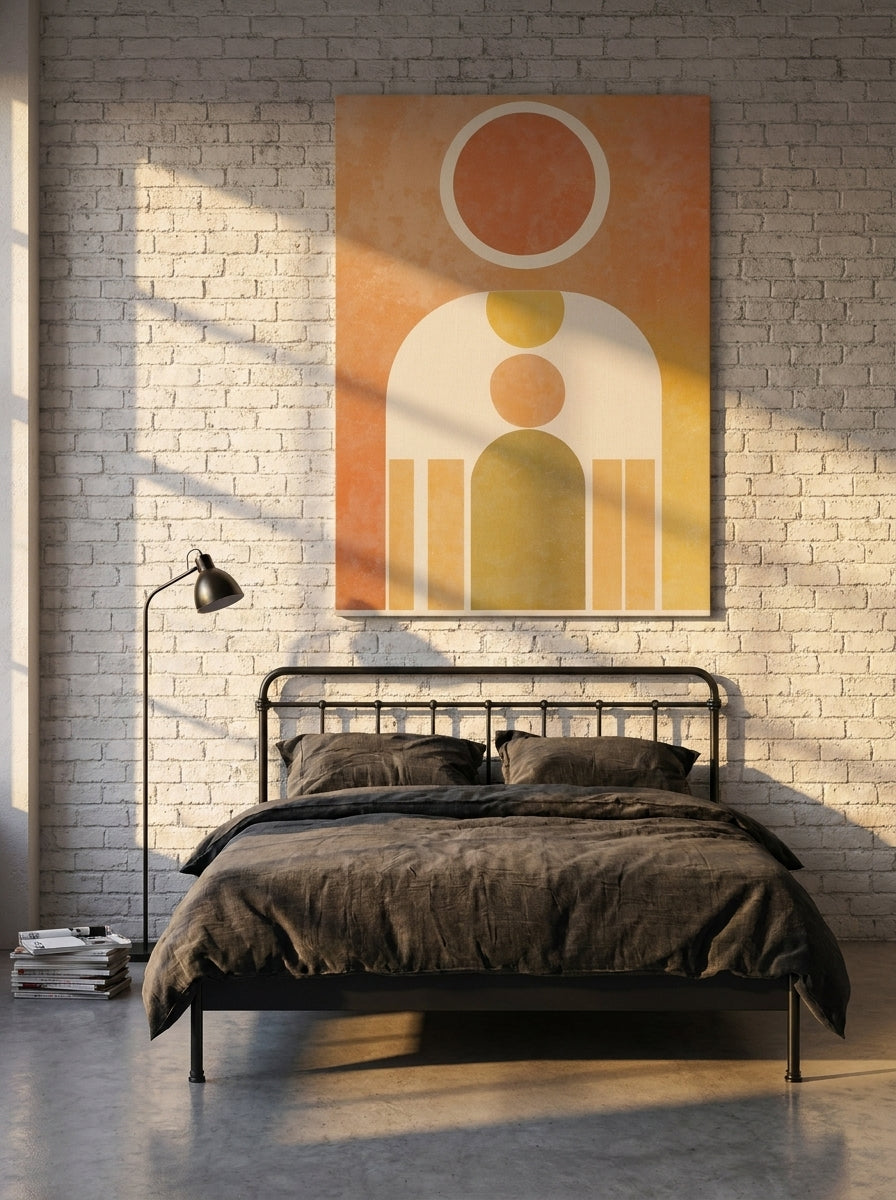 Stretched canvas wall art styled on the wall in an industrial loft bedroom