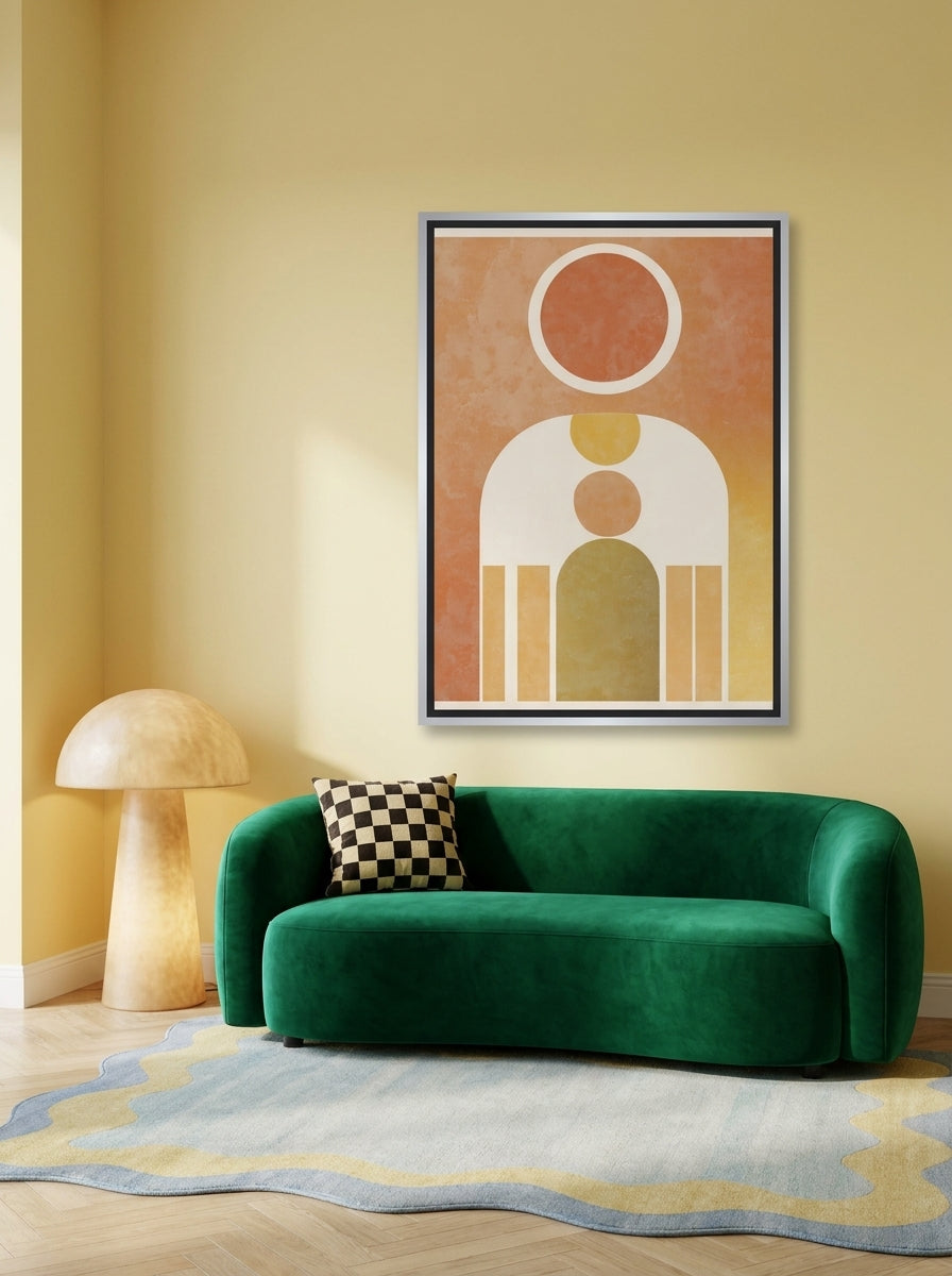 Oversized statement canvas wall art with a silver leaf surround styled on the wall in a colourful eclectic living room