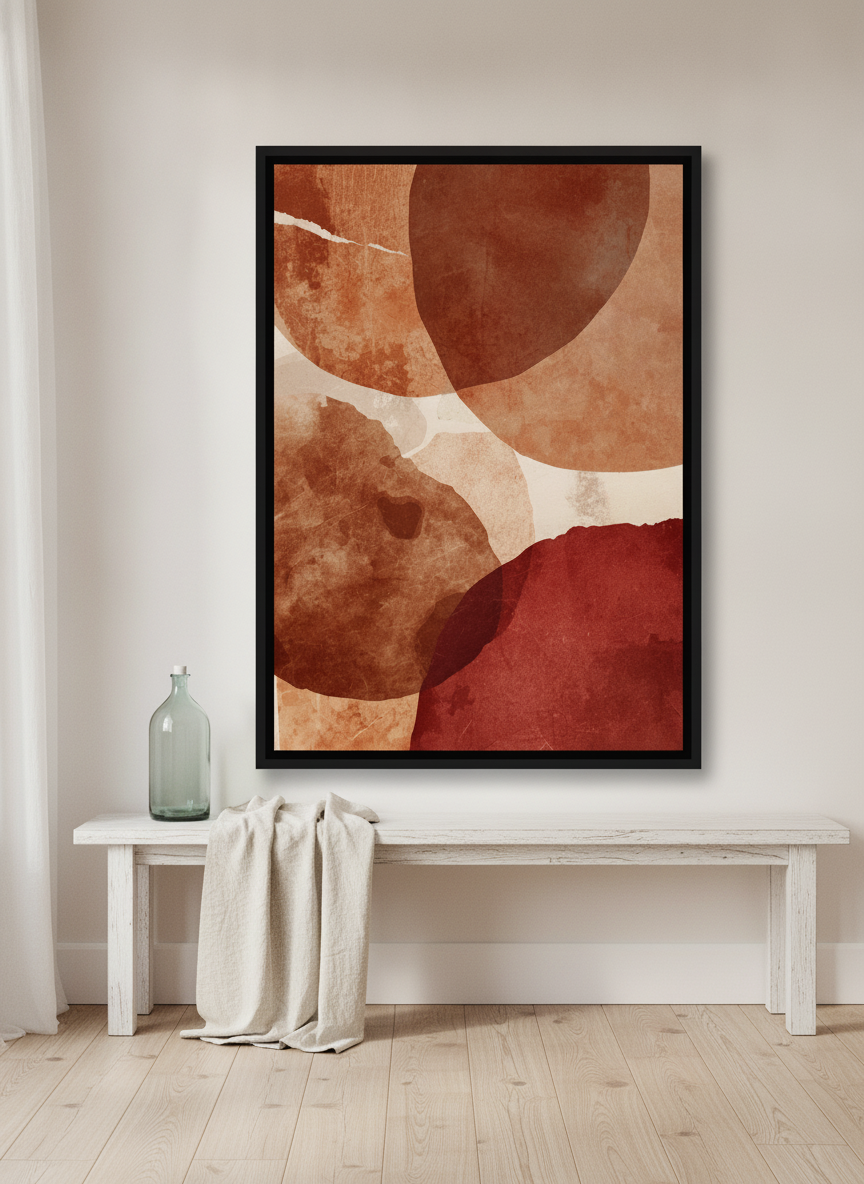 Canvas wall art with a black surround standing on a console in a coastal living room