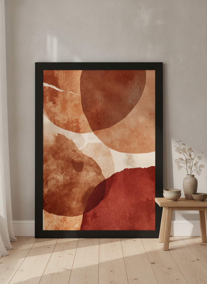 Oversized statement modern wall art print leaning against the wall in a warm Japandi bedroom