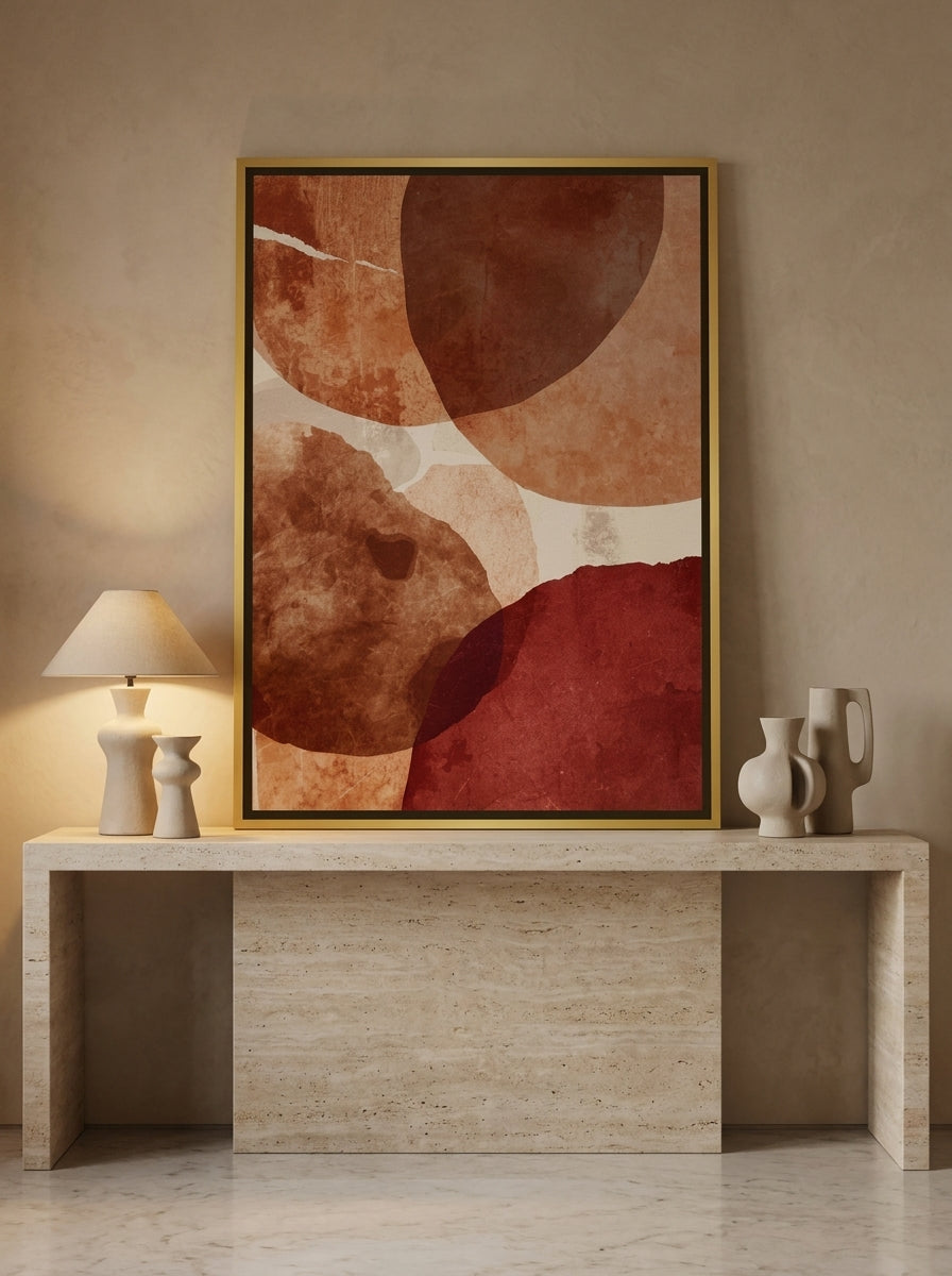 Canvas wall art with a gold leaf surround standing on a console in a luxe home office