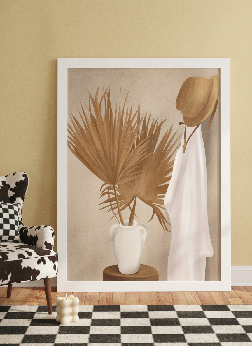 Modern wall art print leaning against the wall in a colourful eclectic bedroom