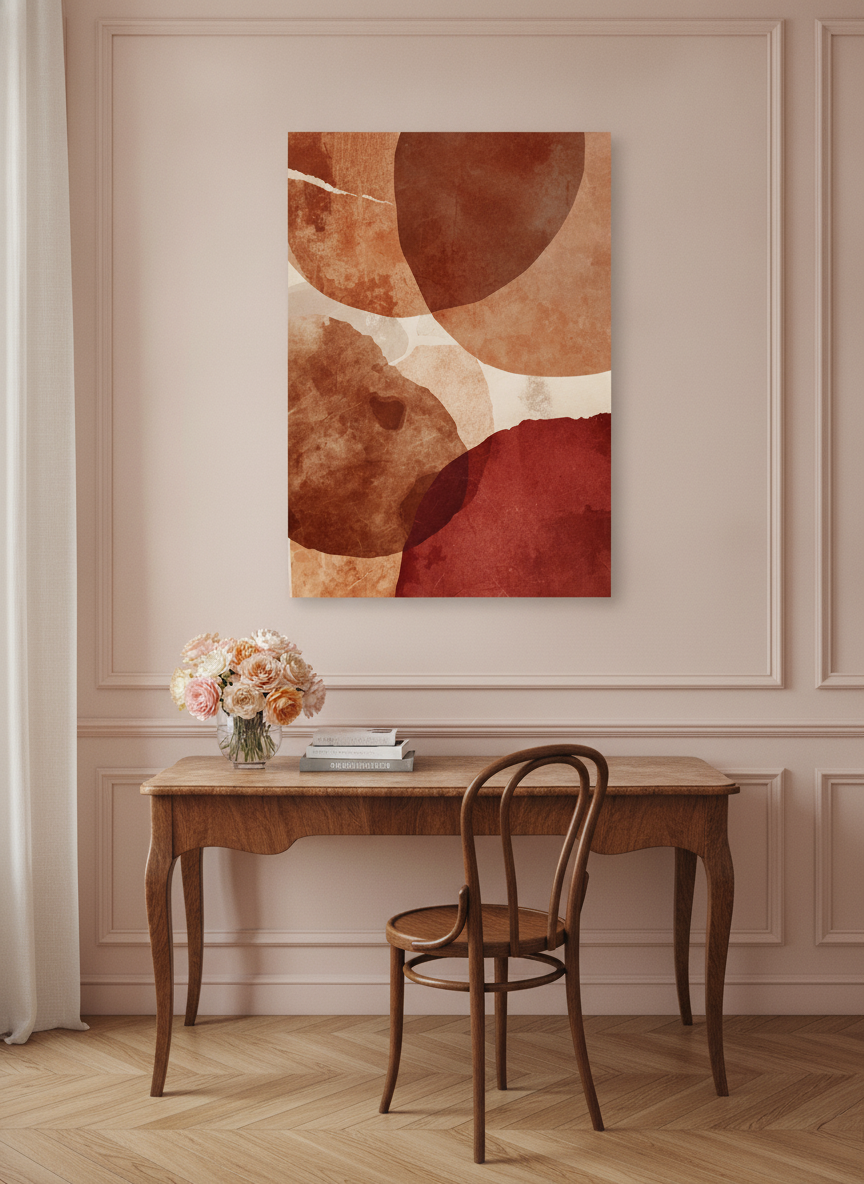Stretched canvas wall art styled on the wall in a Parisian home office