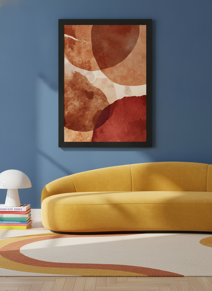 Modern wall art print styled on the wall in a colourful eclectic living room