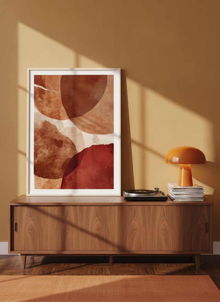 Modern wall art print standing on a sideboard in a retro 70s home office