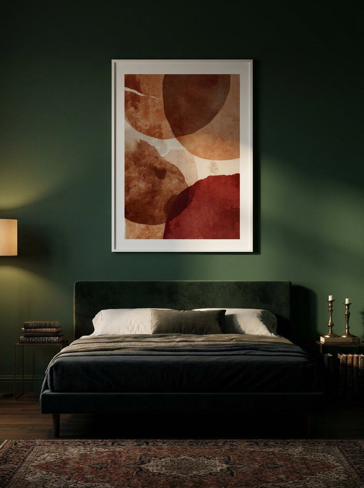 Modern wall art print styled on the wall in a moody bedroom