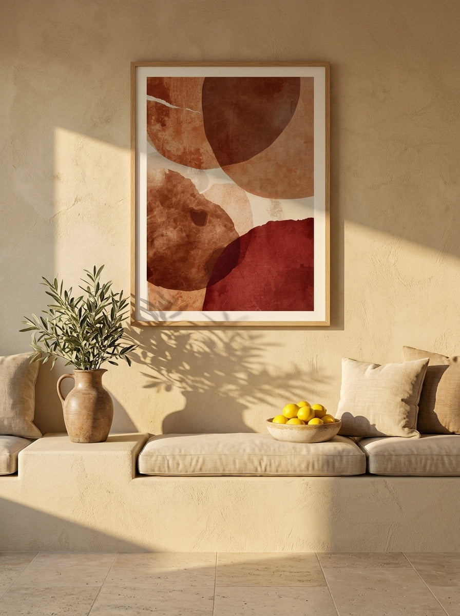 Modern wall art print styled on the wall in a Mediterranean living room