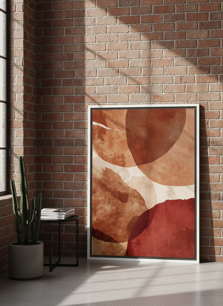Canvas wall art with a white surround leaning against the wall in an industrial loft bedroom