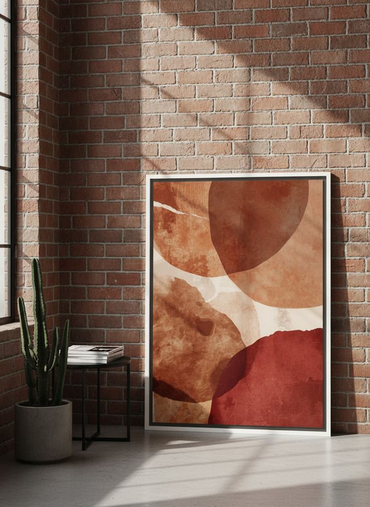 Canvas wall art with a white surround leaning against the wall in an industrial loft bedroom