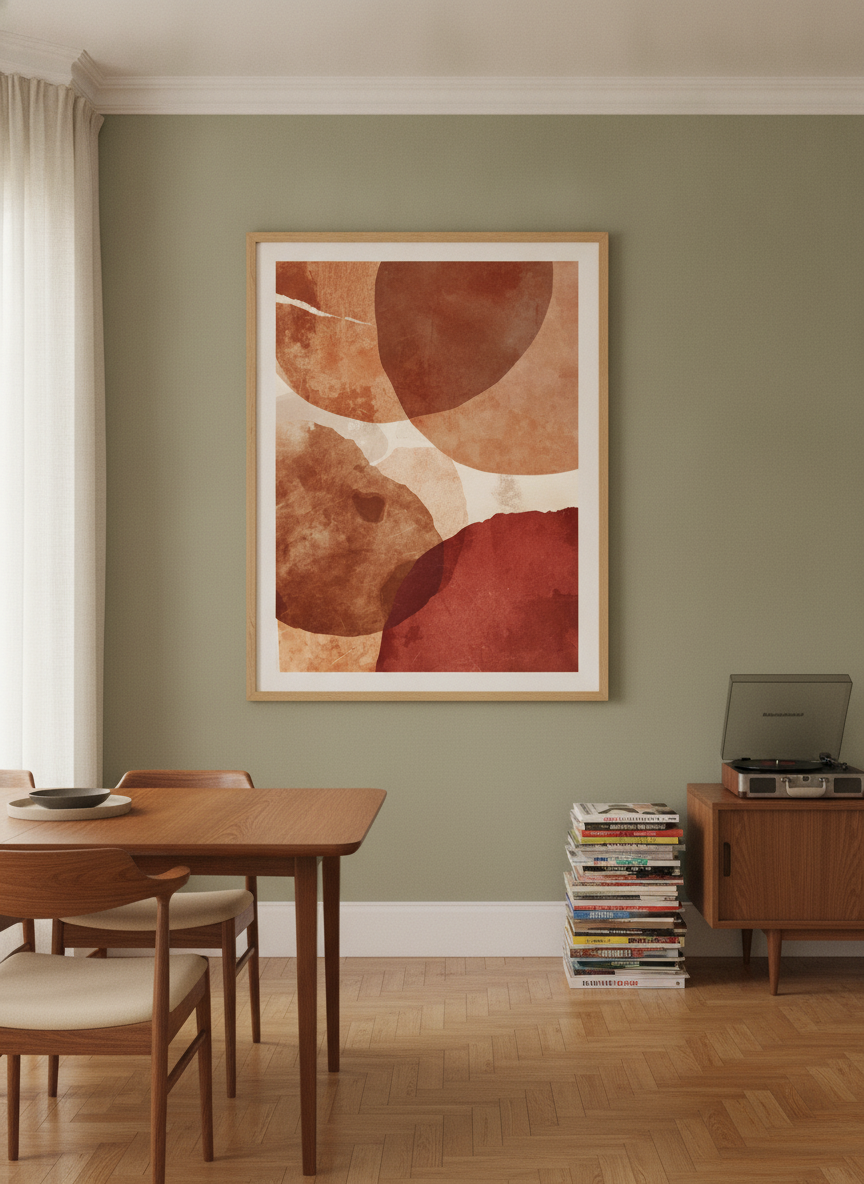 Oversized statement modern wall art print styled on the wall in a mid-century dining room