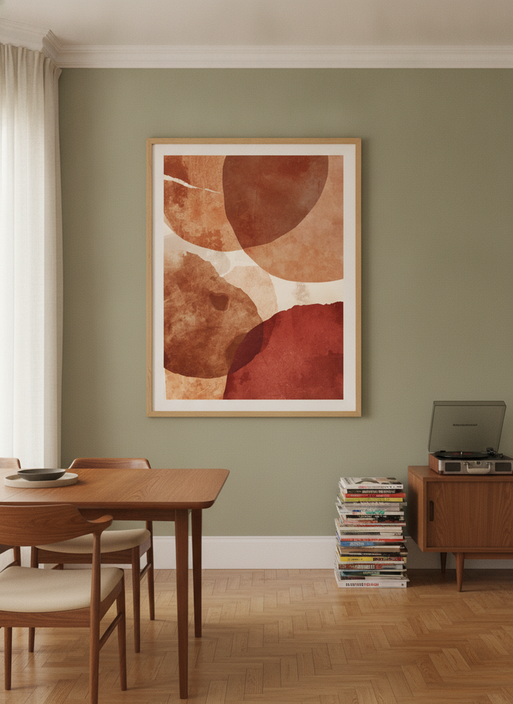 Oversized statement modern wall art print styled on the wall in a mid-century dining room