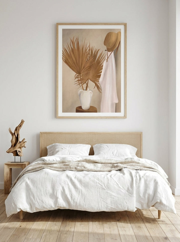 Modern wall art print styled on the wall in a coastal bedroom