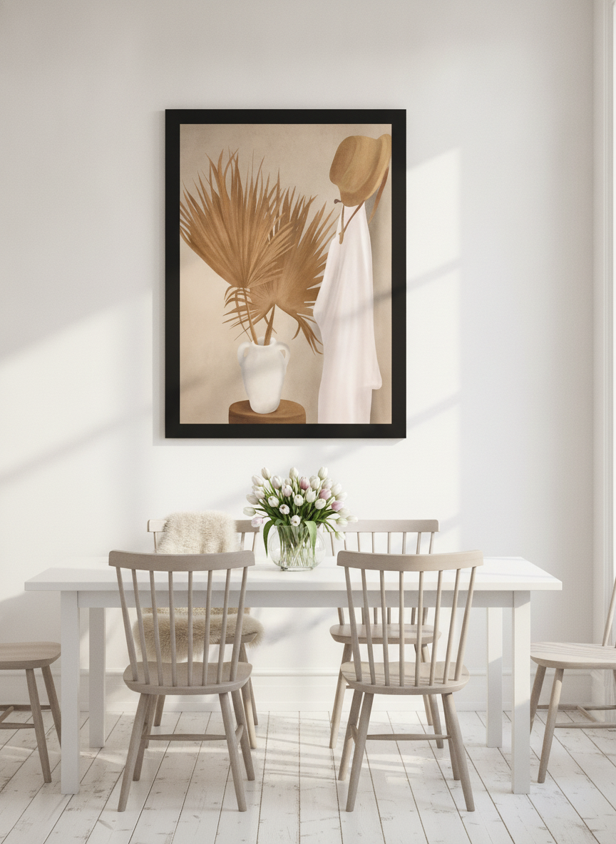 Modern wall art print styled on the wall in a bright Scandinavian dining room