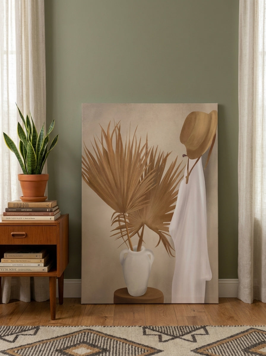 Stretched canvas wall art leaning against the wall in a mid-century living room