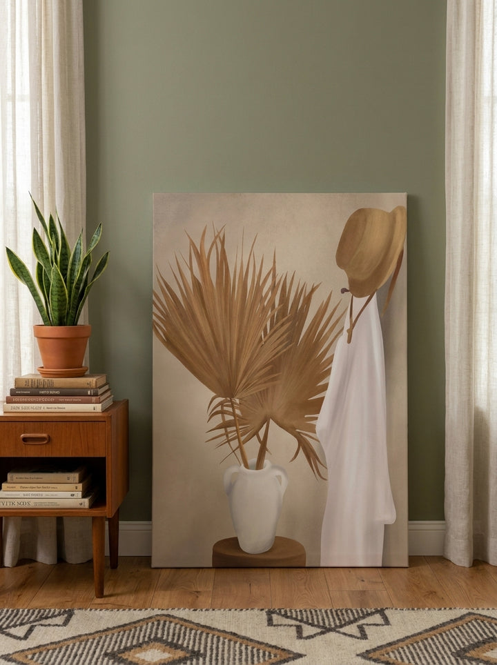 Stretched canvas wall art leaning against the wall in a mid-century living room