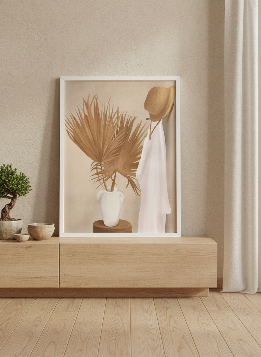 Modern wall art print standing on a sideboard in a warm Japandi bathroom