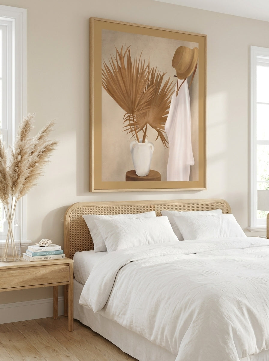 Oversized statement modern wall art print styled on the wall in a coastal bedroom