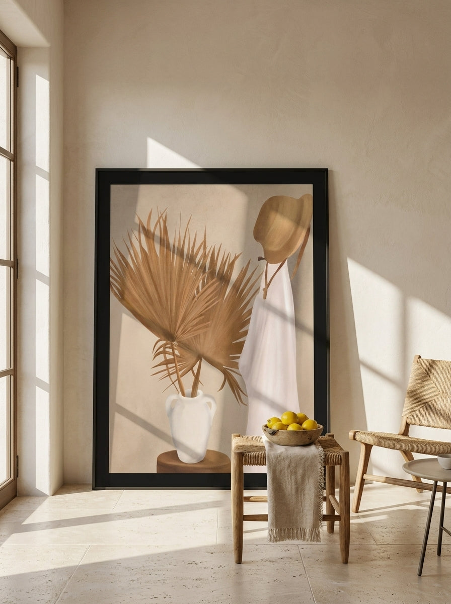Oversized statement modern wall art print leaning against the wall in a Mediterranean living room