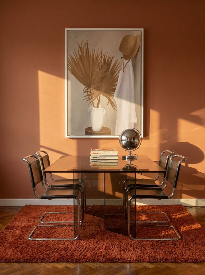 Canvas wall art with a white surround styled on the wall in a retro 70s dining room