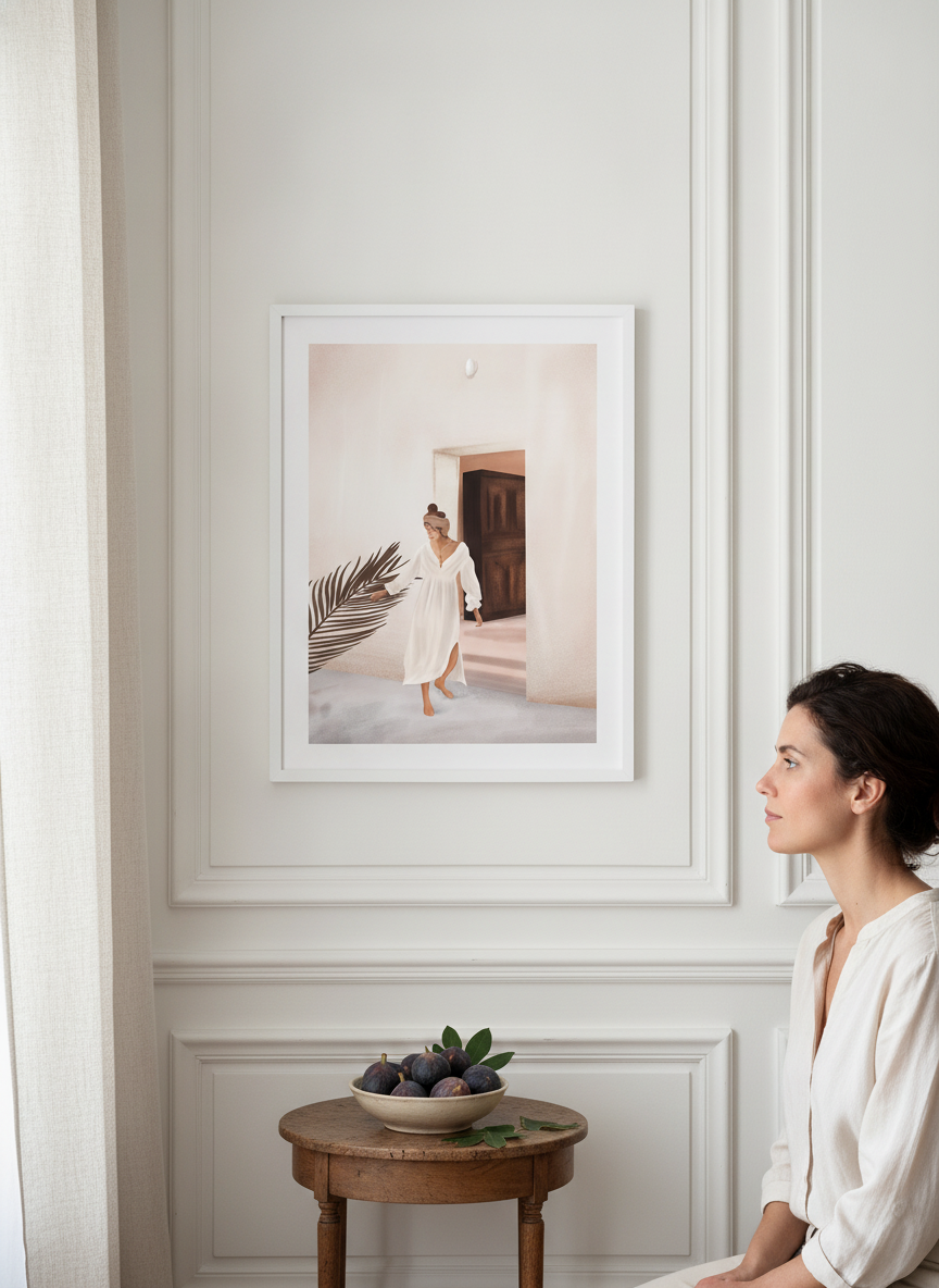 Person holding modern wall art print in a Parisian living room