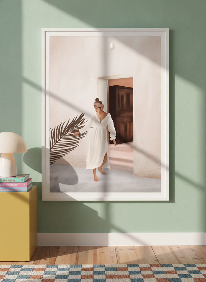 Modern wall art print standing on a side table in a colourful eclectic bedroom
