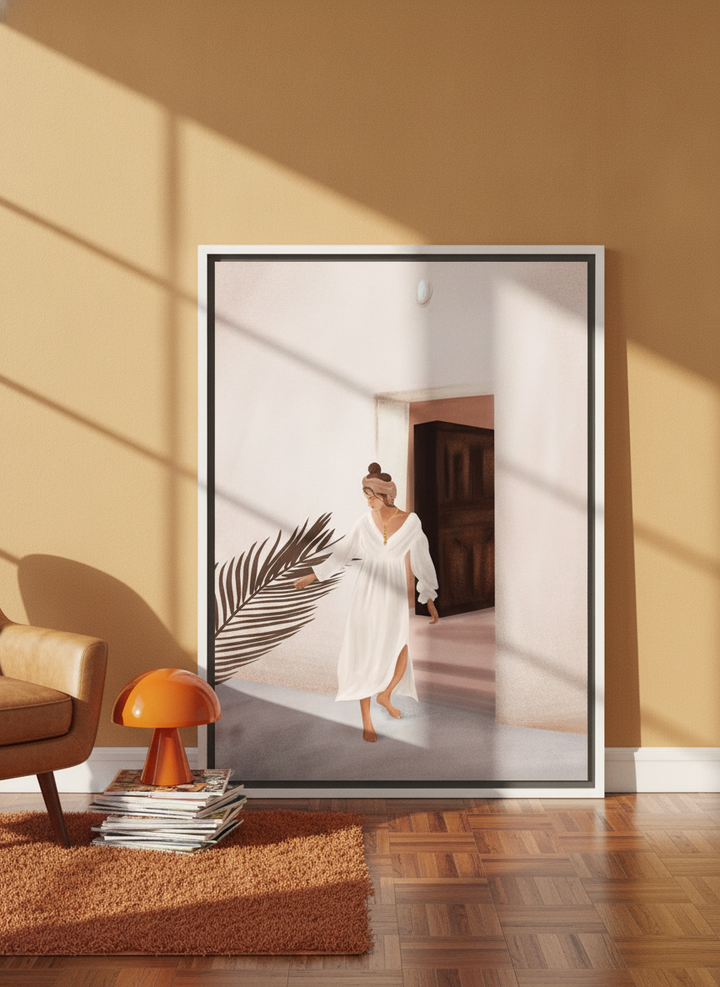 Canvas wall art with a white surround leaning against the wall in a retro 70s home office