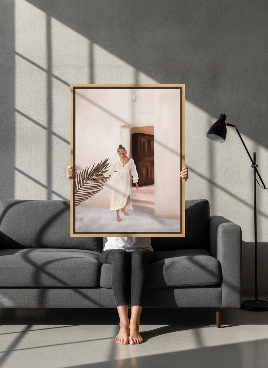 Person holding canvas wall art with a natural timber surround in an industrial loft living room