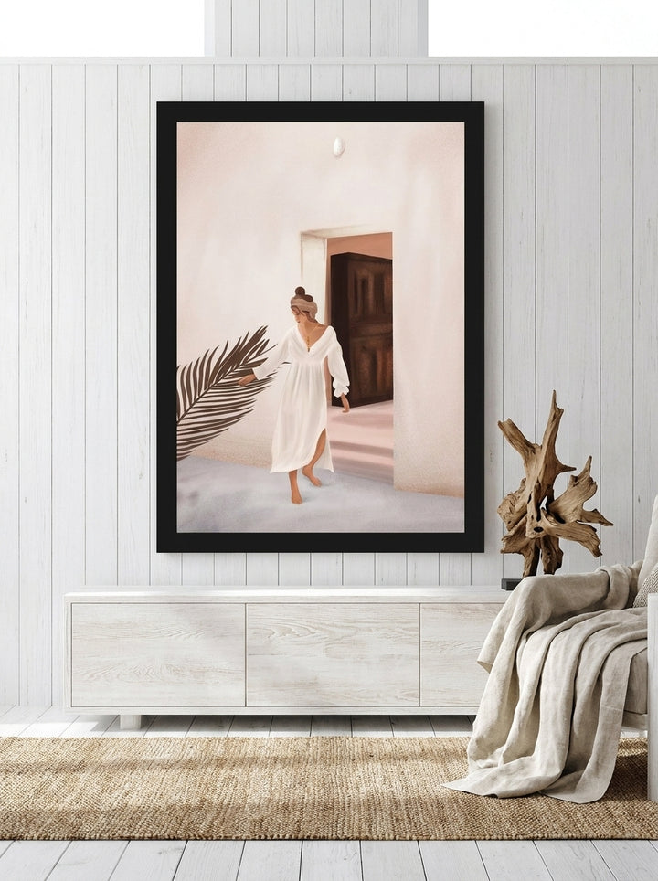 Oversized statement modern wall art print styled on the wall in a coastal living room