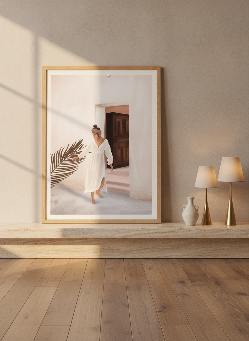 Modern wall art print standing on a console in a luxe bedroom