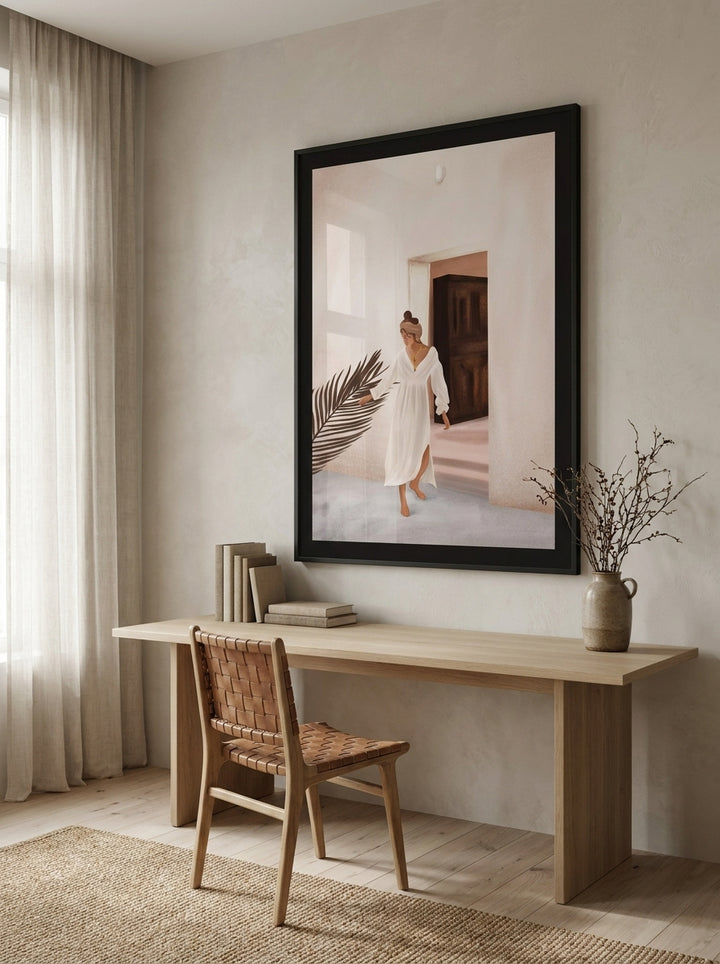 Oversized statement modern wall art print styled on the wall in a warm Japandi home office