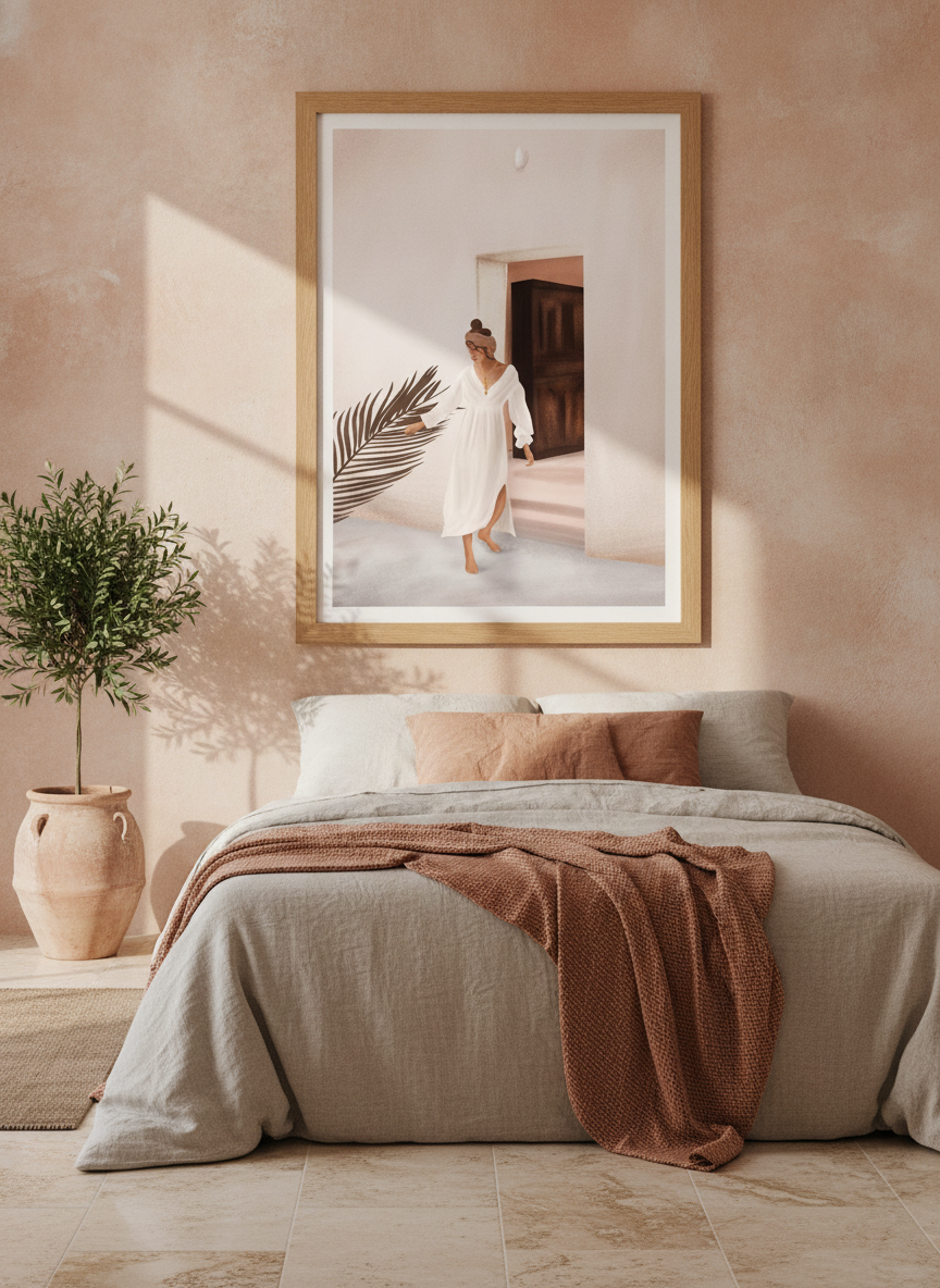 Modern wall art print styled on the wall in a Mediterranean bedroom