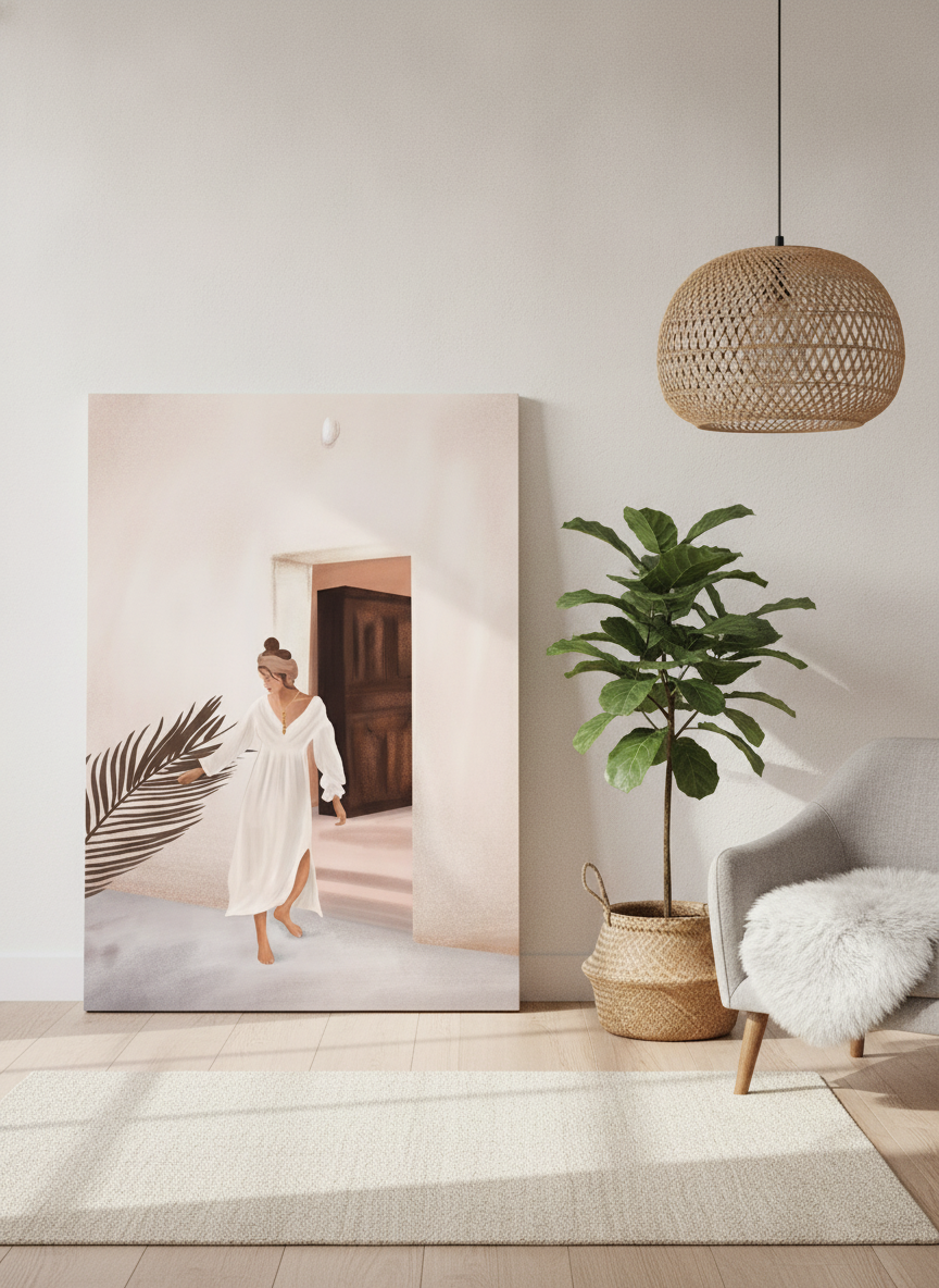 Stretched canvas wall art leaning against the wall in a bright Scandinavian living room